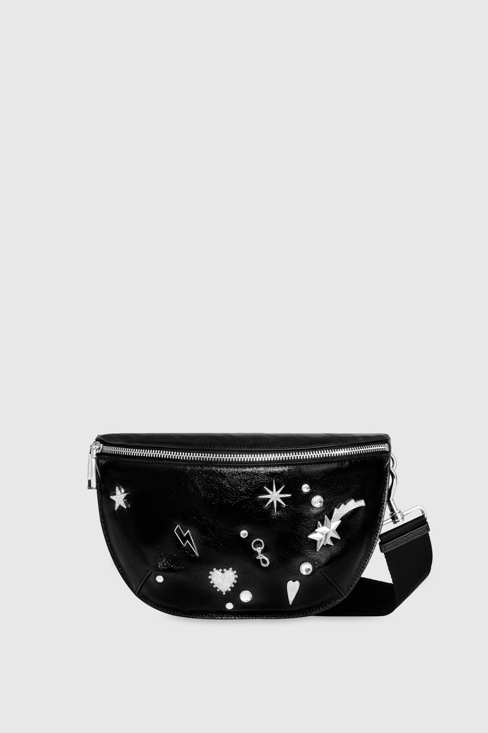 Shop Rebecca Minkoff Darren Belt Bag With Celestial Studs In Black/silver