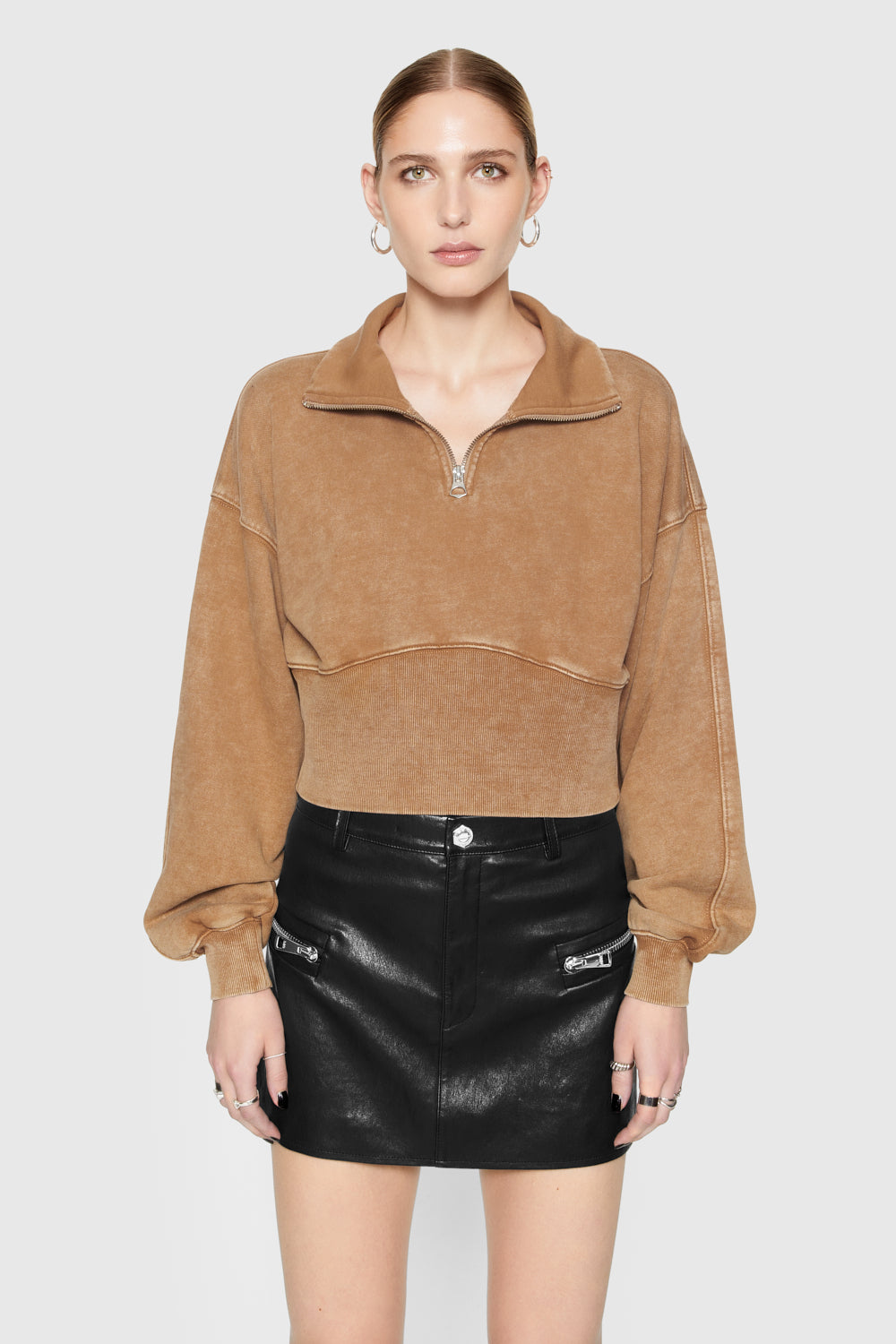 Shop Rebecca Minkoff Winnie Acid-wash Quarter Zip Sweater In Camel Vintage Wash