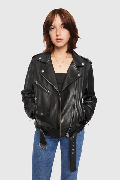 Solid faux leather biker jacket with back print