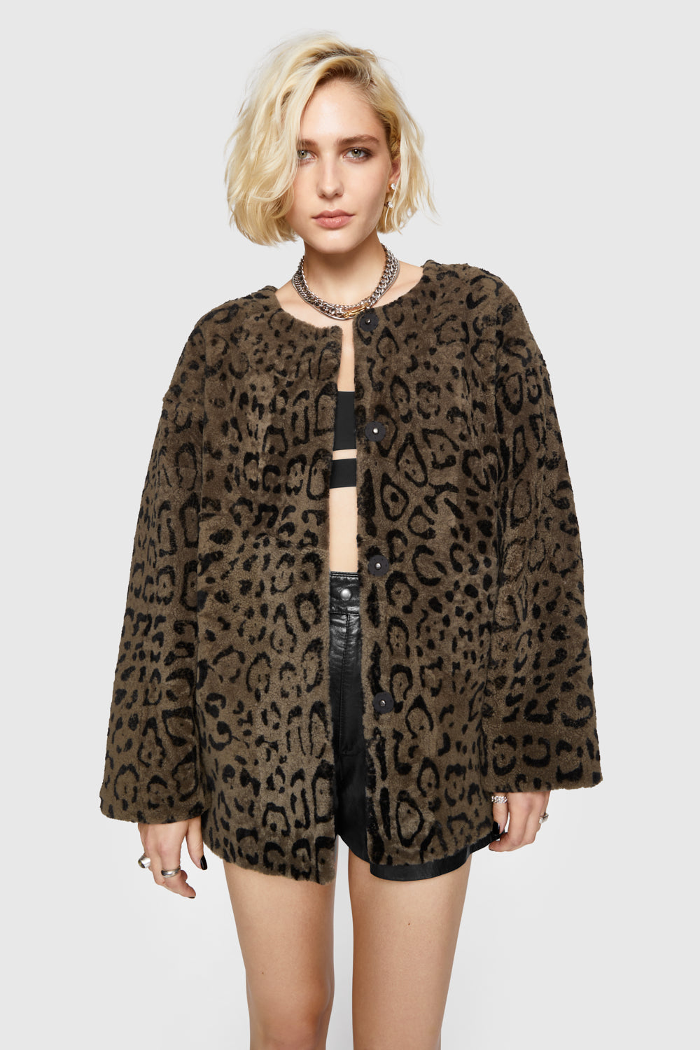 Shop Rebecca Minkoff Dylan Leopard Shearling Jacket In Tan/black