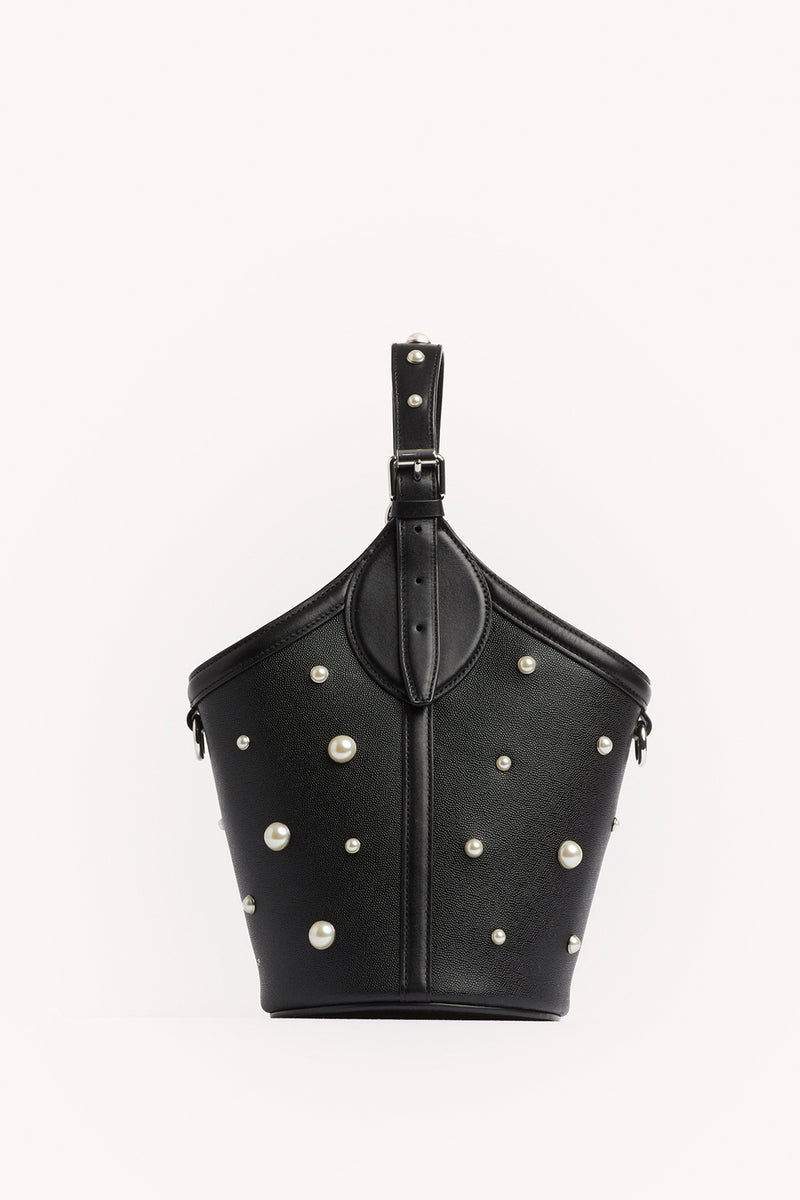 REBECCA MINKOFF Black Pippa Top Handle Bucket Bag with Pearl Studs | Rebecca Minkoff