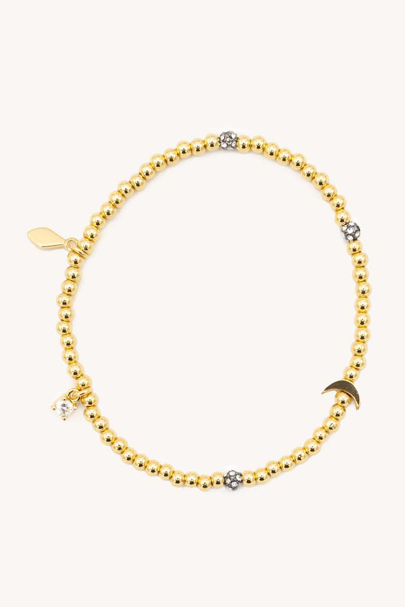 Rebecca Minkoff Metal Bead Stretch Bracelet With Crescent Moon In Gold/pearl