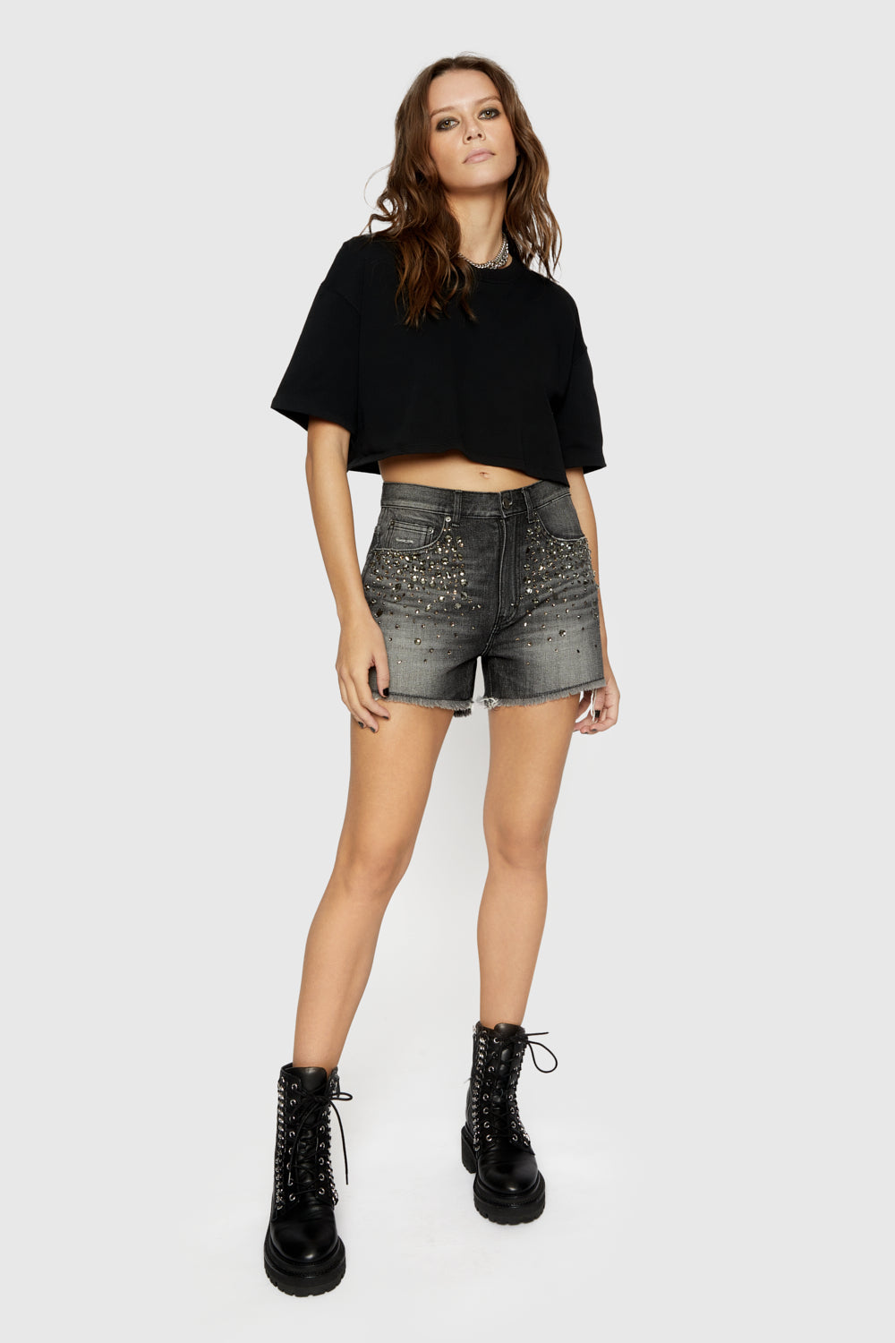 Shop Rebecca Minkoff Crystal Embellished Denim Shorts In Black