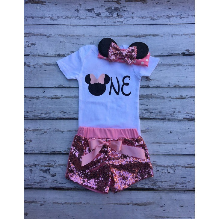 Pink Mouse Birthday Outfit Onesie Minnie Headband Sequin Shorts