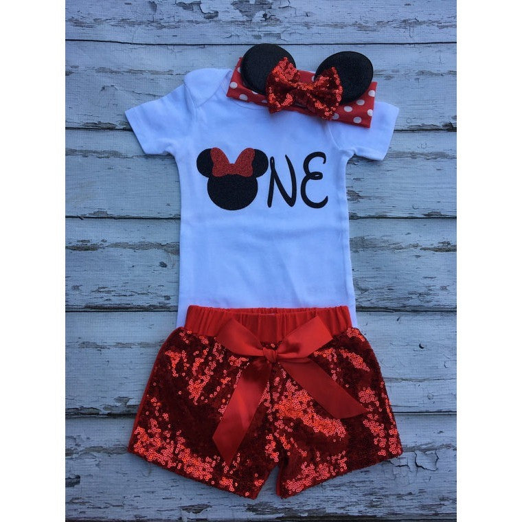 Red Minnie Mouse Mouse Birthday Outfit Onesie Minnie Headband Sequin