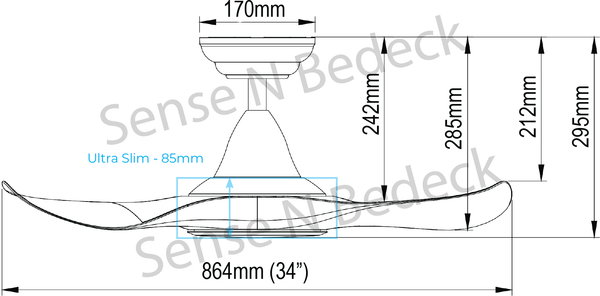 EFENZ THURMAN 343 34" ceiling fan dimension chart