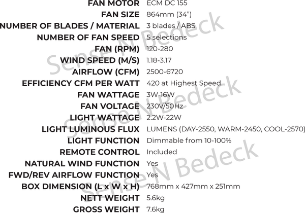 EFENZ THURMAN 343 34" ceiling specification chart