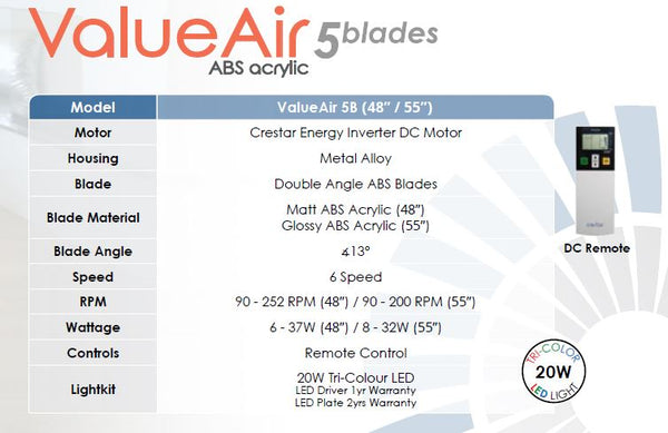 Crestar Value Air 5 specification chart