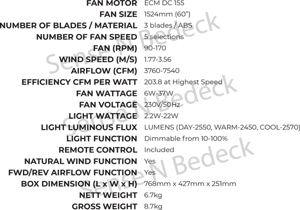 EFENZ Tiffany 603 60" ceiling fan specification chart