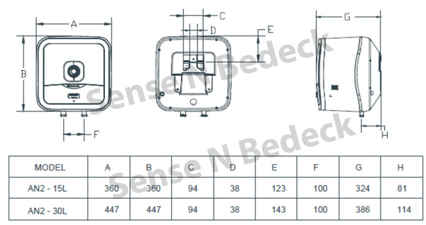 Ariston Andris2 RS (15L/30L) storage water heater dimension chart