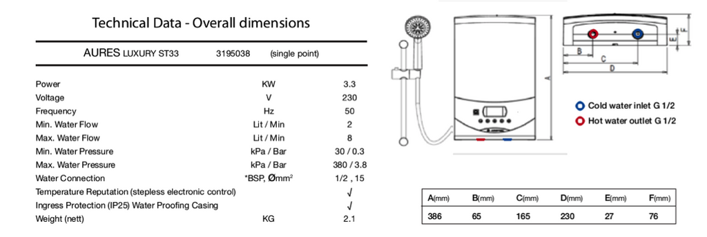 AURES LUXURY ST33 instant water heater techinical data chart