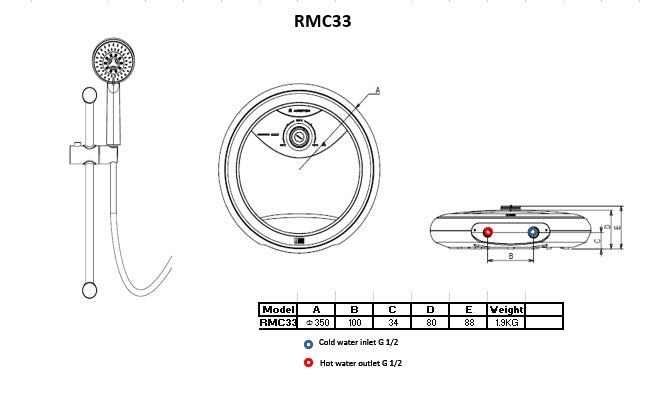 AURES SMART ROUND RMC33 instant water heater dimension chart