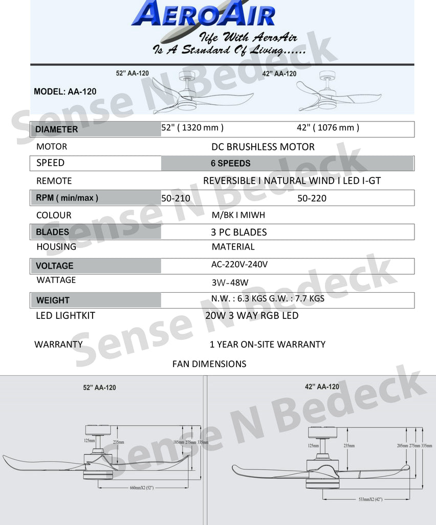 Aero Air AA-120 specification and dimension chart