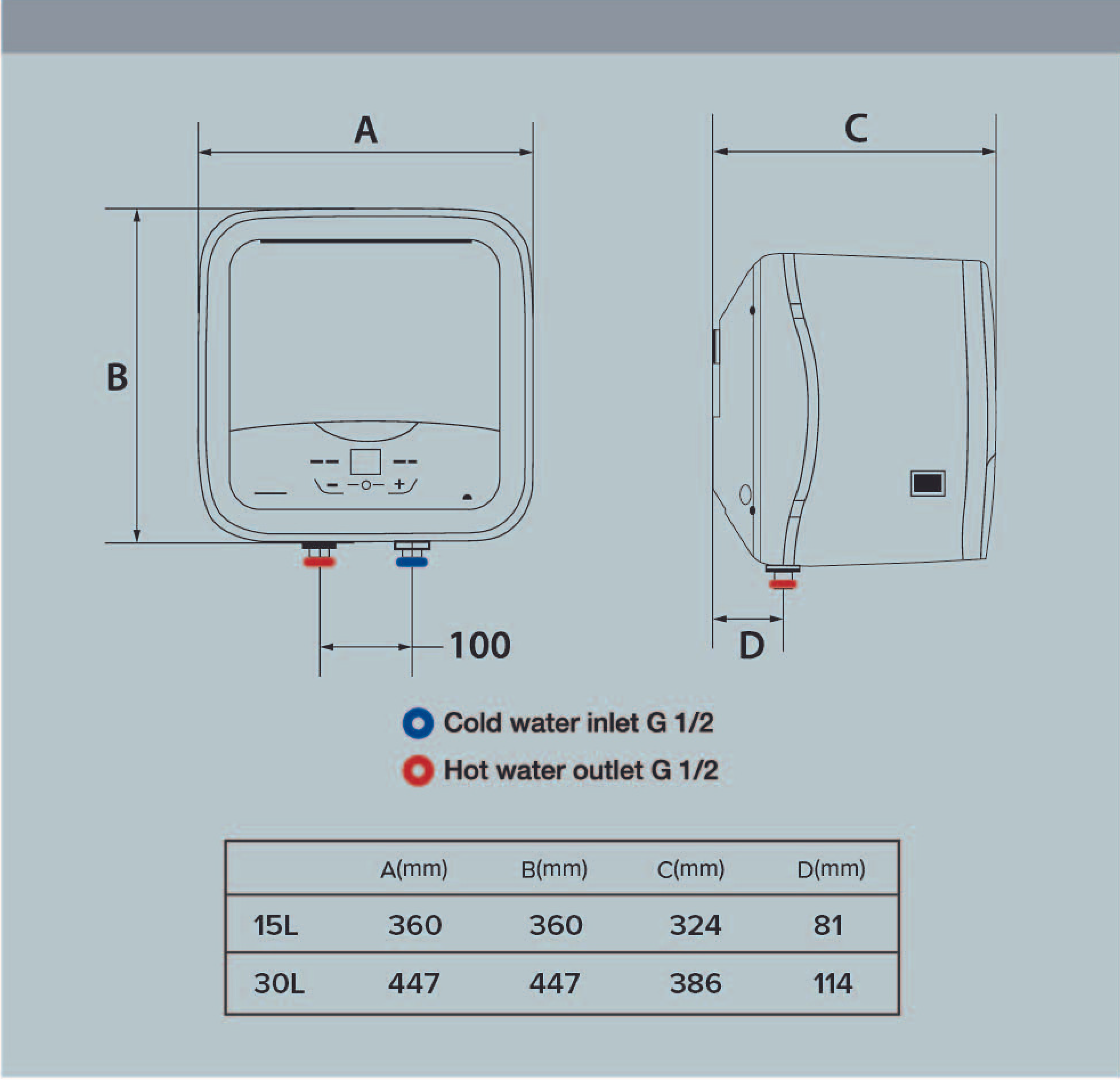 Ariston Andris2 LUX WiFi (15L/30L) Storage Water Heater dimension Chart