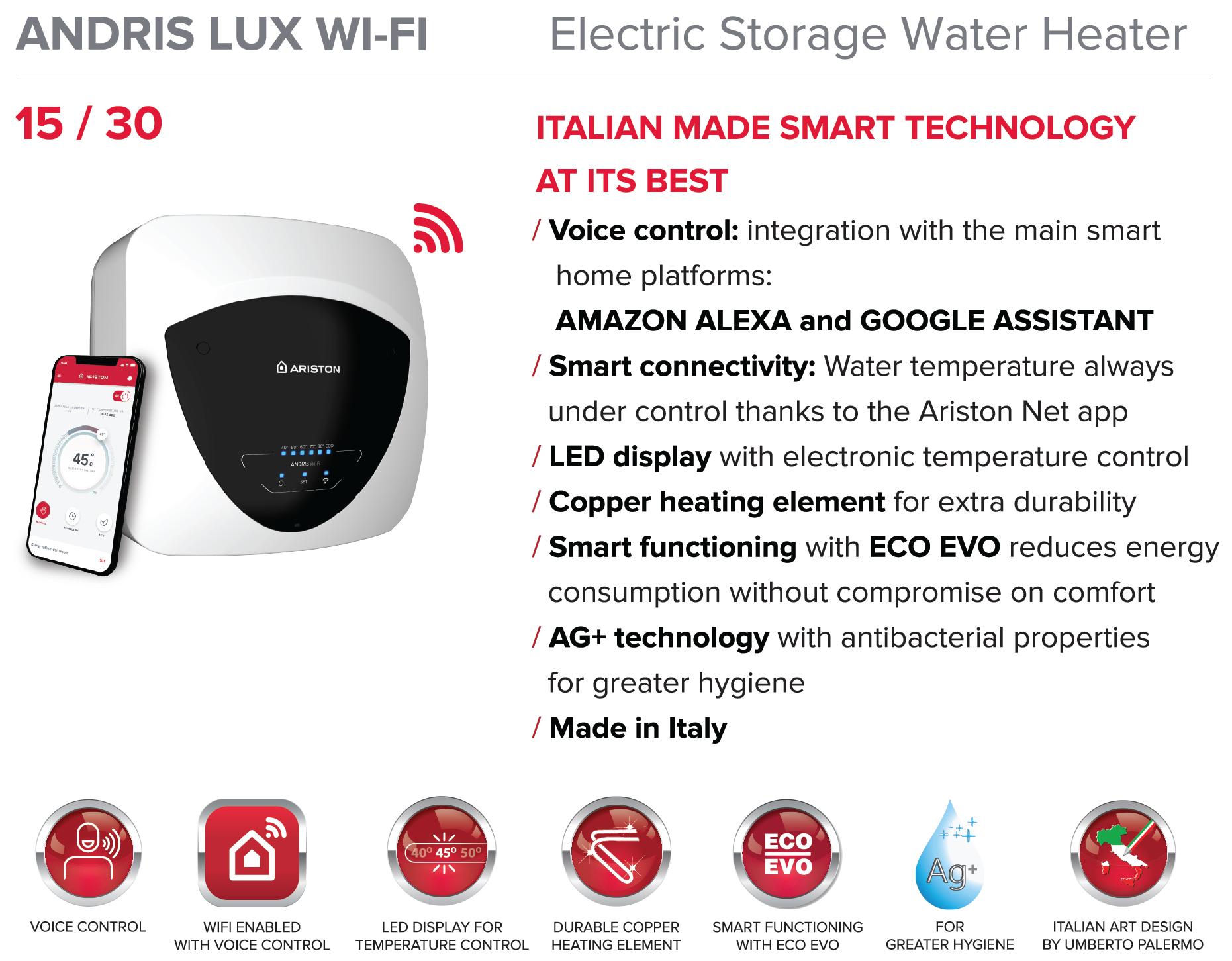 Ariston Andris LUX WiFi (15L/30L) storage water heater information chart