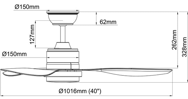 Acorn DC-159 40" with led fan light dimenion chart