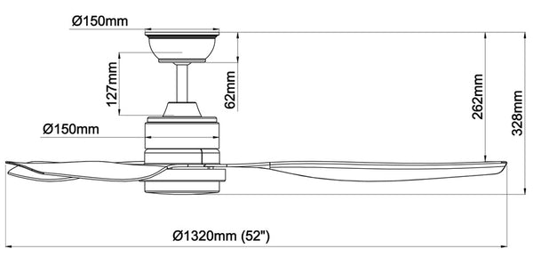 Acorn DC-159 52" with led fan light dimenion chart