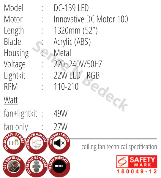 Acorn DC-159 52" Specification chart