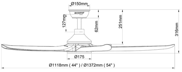 Acorn DC-160 (44"/54") with no fan light dimension chart