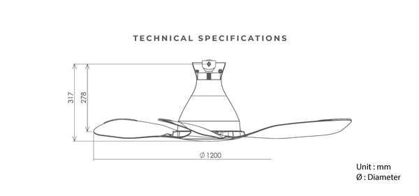 KDK E48GP DC Ceiling Fan product dimension chart wifi dc ceiling fan