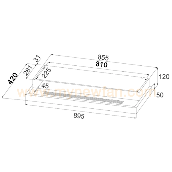 EF EFCH 9231T SS Kitchen Semi Intergrated Hood dimension chart