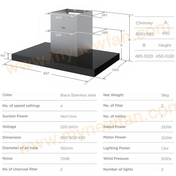 Midea MBI-90M79BK-SG Kitchen Chimney Hood dimension chart