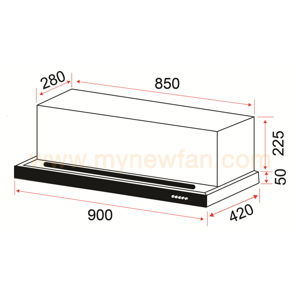 EF POWER SLIM 90 X/VL Kitchen Semi Intergrated Hood dimension chart