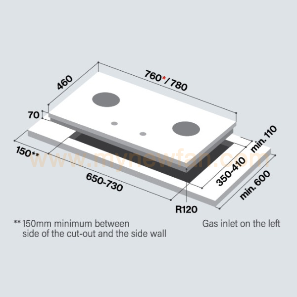 Rinnai RB-783G Kitchen hob dimension chart