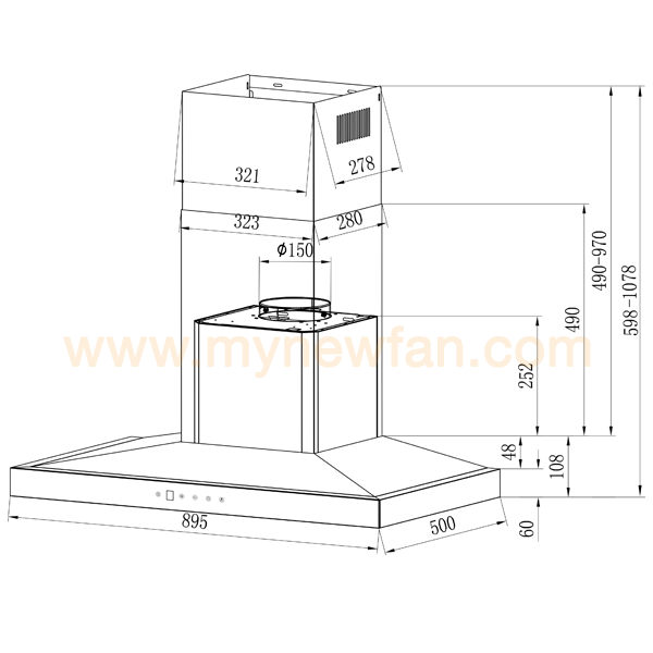 Rinnai RH-C2859-SSW Kitchen Chimney Hood dimension chart