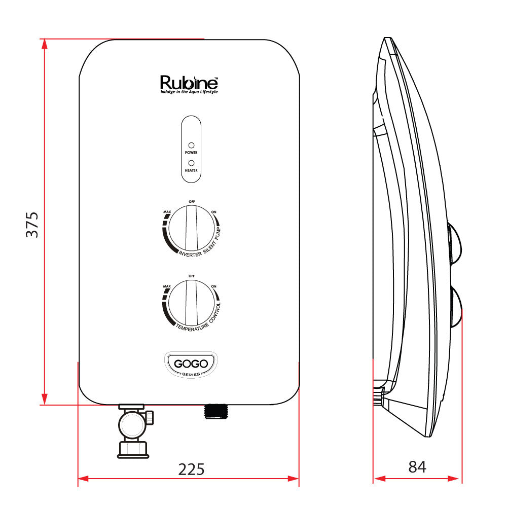 Rubine GoGo RWH-933P instant water heater heater dimension chart