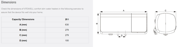 Slim Storage Heater Dimension Chart.