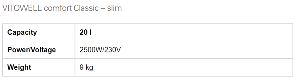 VITOWELL comfort Classic Slim Technical Data Spec