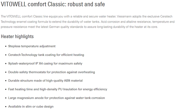 VITOWELL comfort Classic Technical Data Info