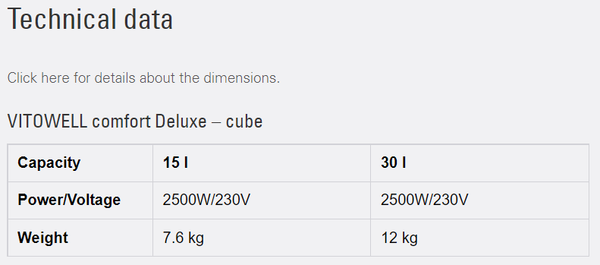VITOWELL comfort Deluxe Technical Data Spec