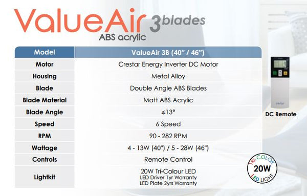 value air 3 ceiling fan specification chart