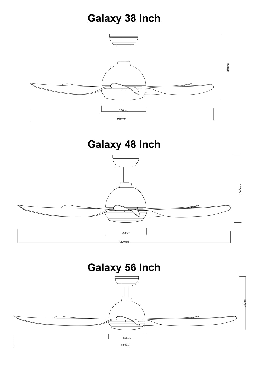 Fanco Galaxy5 dimension chart