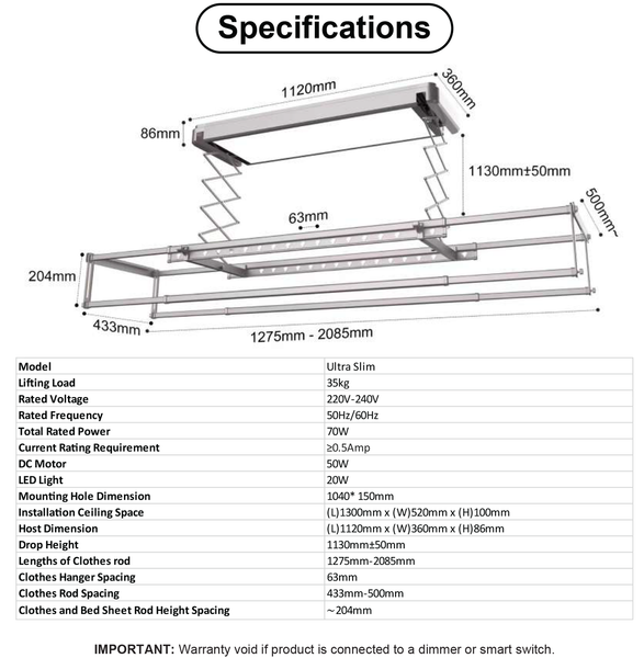 EFENZ Ultra Slim Automated Laundry Rack product specification and dimension chart