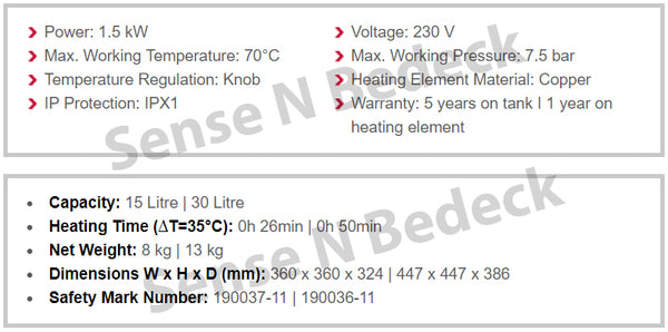 Ariston Andris2 RS (15L/30L) storage water heater specification chart