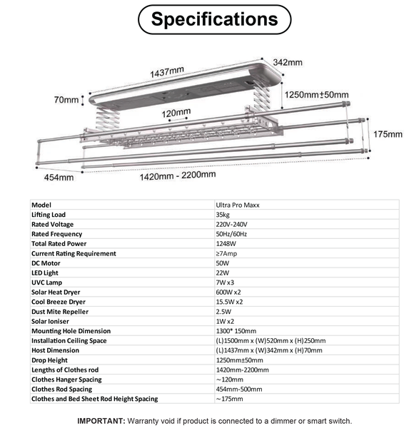 EFENZ Ultra Pro Automated Laundry Rack product dimension chart