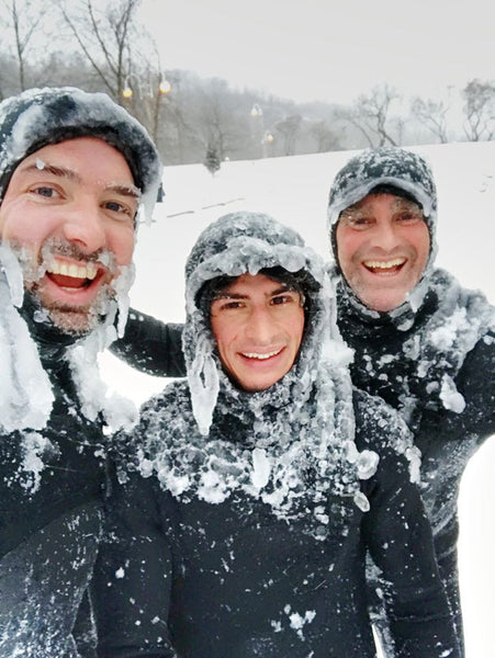 Geoff, Mike & Jeff iced up after surfing at Bluffer's Park in Toronto in January.