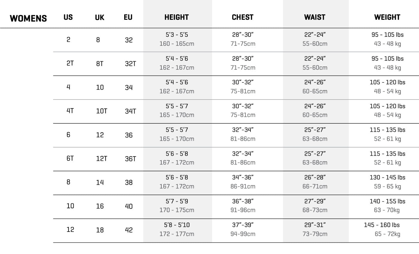 Dakine Wetsuit Size Charts