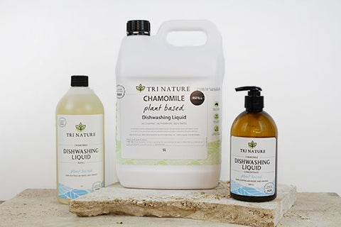 Tri Nature chamomile dish washing liquid in three sizes, 500mls, 1 litre and the bulk 5litre size. All pictured together side by side.