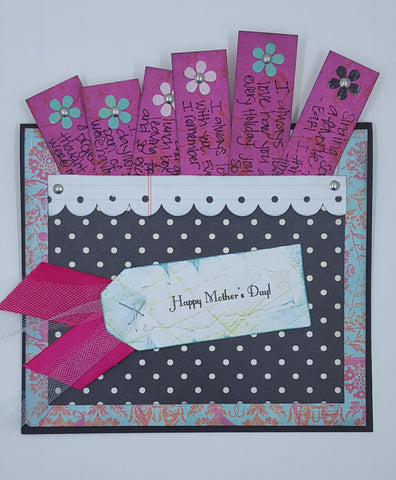 Happy Mother's Day card with little slips of paper with words of admiration for mom.