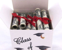 Graduation gift made with square box filled with money rolled to look like diplomas