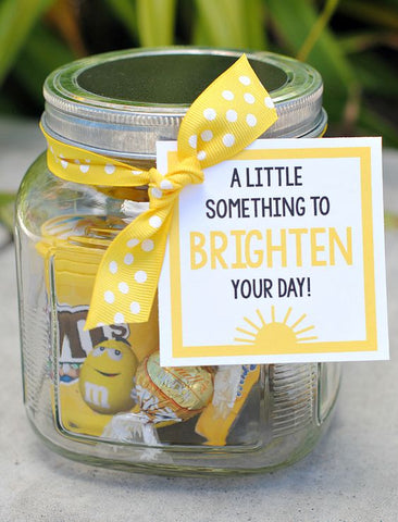 A little jar of sunshine to Brighten Your Day gift jar filled with yellow treats of sunshine!