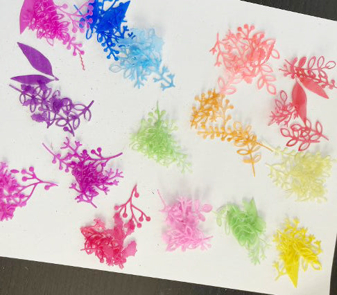 rainbow colored vellum flowers and leaves