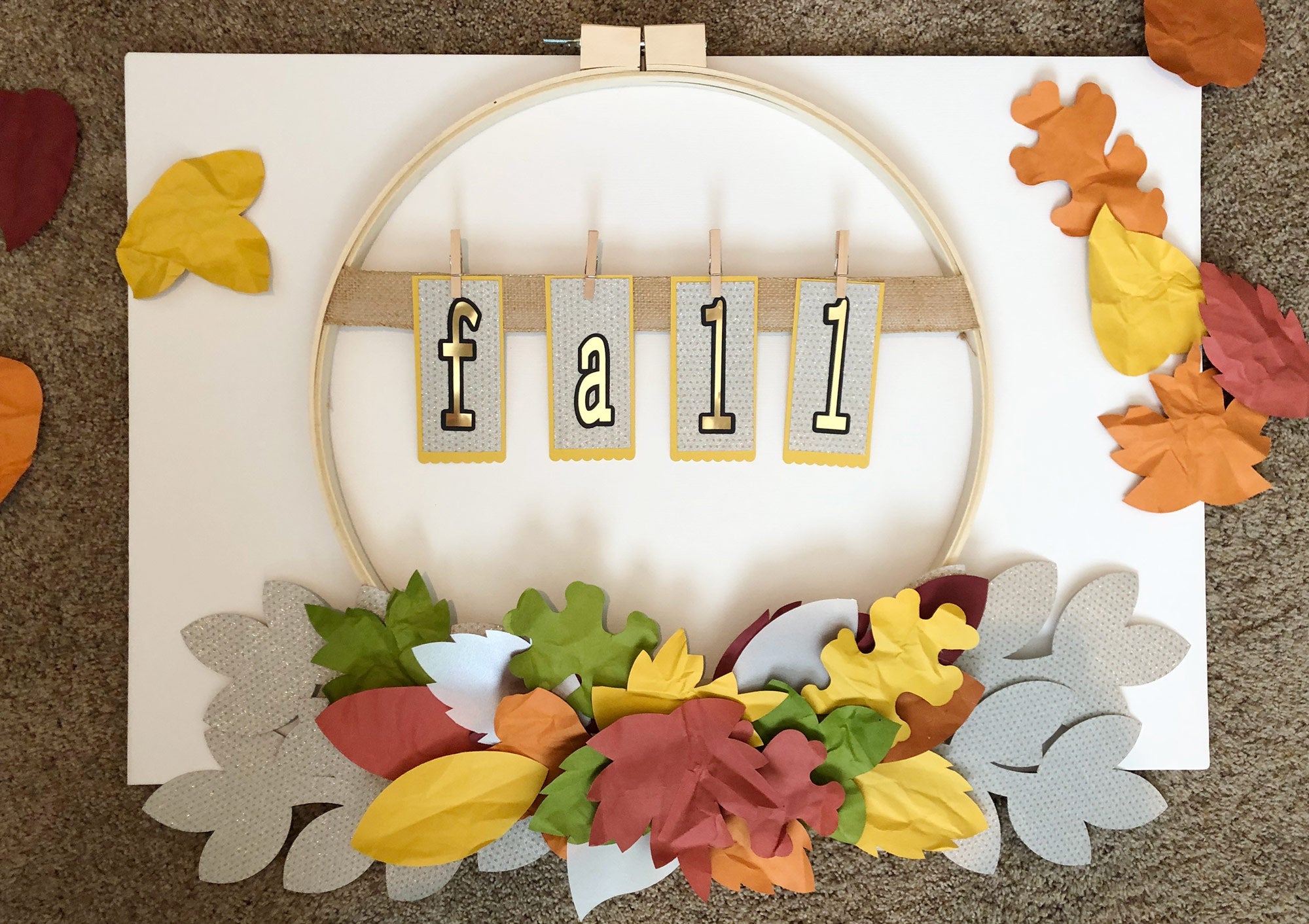embroidery hoop fall wreath made with paper leaves