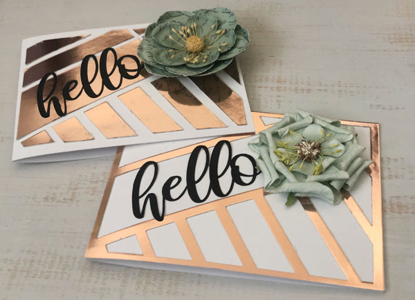 two handmade cards with rose gold foil accents