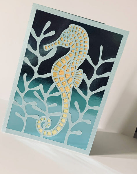 handmade sea horse card with glitter cardstock