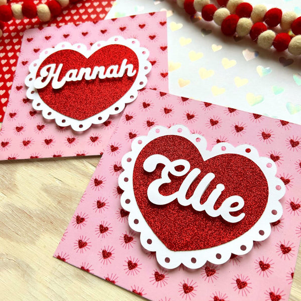 handmade valentine card with pink and red glitter scrapbook paper